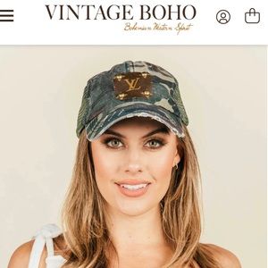 Louis Vuitton authentic up-cycled patch on adjustable camo trucker hat